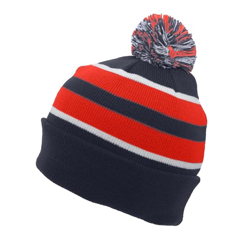 Pacific Headwear Unisex Adult Pacific Headwear Knit Fold Over Pom-pom Beanie - color: Navy/Red/White