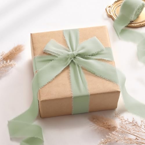 DORIS HOME Handmade Frayed Fringe Chiffon Ribbon 1" x 21Yd Sage Green | Fabric Ribbon, For Flower Bouquet/Gift Wrapping/Wedding Invitations/Christmas Decorations/Party Decor - color: Sage Green