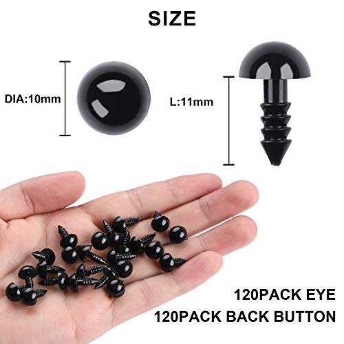 UPINS 120Pcs 10mm Plastic Safety Crochet Eyes with 120Pcs Washers for Craft | Black Plastic Eyes Bulk for Stuffed Animals, Crochet Toy Crafters, Doll Making Supplies - size: 10mm