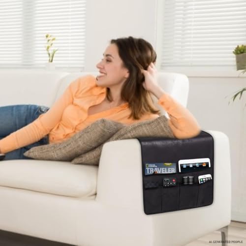 HAOMAIJIA Sofa Armrest Organizer, Remote Control Holder for Recliner Couch | Anti Slip Arm Chair Bedside Caddy Storage Organizer With 6 Pockets For Cell Phone Tv Remote Control Magazines (black) - color: black, size: 35 Inches × 19.3 Inches