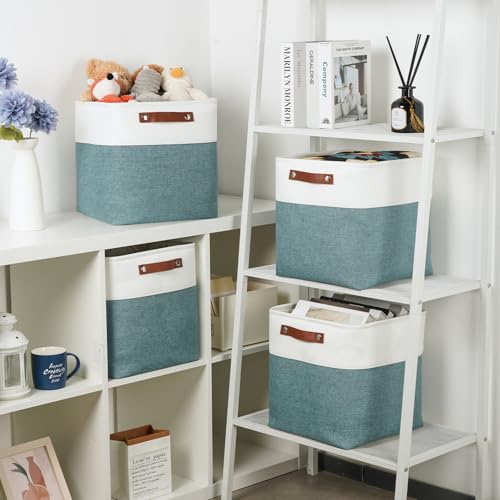 DULLEMELO Set Of 4 Cube Storage Bins, Fabric Storage Basket for Shelves Closet Nursery Toy Storage, 12 inch Fabric Storage Cubes Bins Canvas Organization Baskets (White&Deep Green) - color: White&Dark Green, size: M-12"x 12"x12"