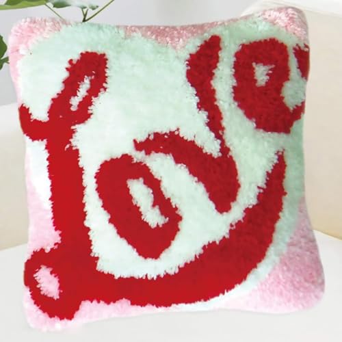 ZFFLYH Love Latch Hook Pillow Kits for Adults Beginners Pre-Printed Cushion | Home Sofa Cushion Cover Preprinted Canvas Crochet Yarn Kits Needlework Crafts Festival Gift for Adults Beginner 17X17 Inch - color: Love a