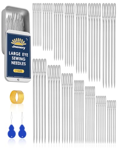 70 Pcs Hand Sewing Needles, 7 Size Large Eye Sewing Sharp Needles | Leather Embroidery Thread Needle, Stainless Steel Yarn Knitting Needle with Threader, Thimble for Repair, Quilting - size: 7 Size-70pcs