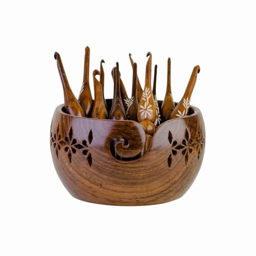 Rosewood Yarn Bowl with 13 Crochet Hooks Set – Handmade Wooden Knitting Bowl Holder with Spiral Slot, Large 7” Yarn Organizer, Complete Crochet Kit for Beginners & Professionals - color: Setof13+CarvedBowl