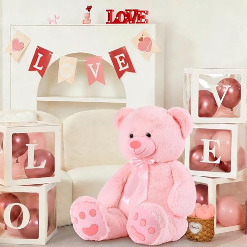 MorisMos 36 inch Big Teddy Bear Stuffed Animal, 3ft Large Bear Plush, Big Stuffed Bear with Footprints Gifts for Kids, Girls, Girlfriends, Women on Baby Shower, Valentine, Christmas, Birthday - color: Pink, size: 3 ft