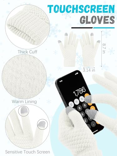 LOROME Winter Beanie Hat Scarf Gloves, Warm Fleece Knit Neck Scarf Set Gift | Hats Gloves Scarf Set, Touchscreen Gloves, Universal Size Neck Scarf Set Winter Gifts for Unisex Adult Winter Wear - color: Ivory