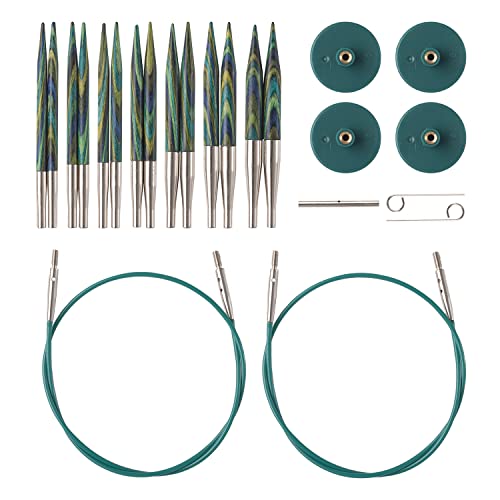 Knit Picks Caspian Wood Short Interchangeable Knitting Needles Set US 4-10 | 7 sizes of 2.75 inch long knitting needles in a green colorway, includes cables, end caps, and connectors. - color: Caspian