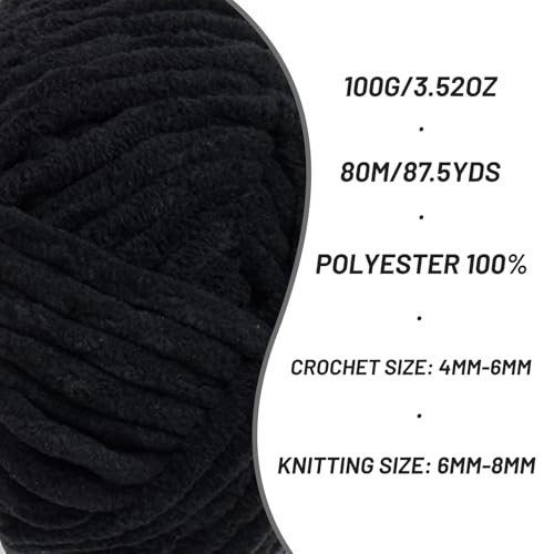 3 Pack Fluffy Chenille Yarn for Crocheting, Chunky Velvet Yarns for Crochet Amigurumi, Baby Yarn for Crocheting Soft Blanket, 262.4yds /10.5 oz Bulky Yarns for Crafts/Hats/Shoes/Socks (3 Black) - color: 3 Black