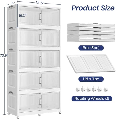 200Gal Extra Large Stackable Storage Bins with Lid, 800QT Foldable Collapsible Storage Box with Doors & Wheels, Plastic Organizer for Bedroom Kitchen Garage Dorm, 5Pack - size: 40Gal-5Pack