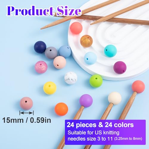 Mxxipp 24Pcs Beads Knitting Needle Stoppers,15mm Macaron Round Silicone Knitting Needle Point Protectors,Knitting Tool for Knitting Needle Caps,Needle Tip Cover - color: 24pcs-Multicolor