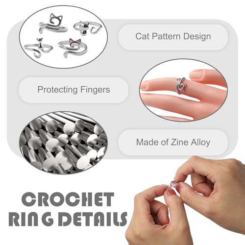 7PCS Crochet Ring for Finger, Adjustable Crochet Tension Ring, Practical Tension for Crocheting, for Knitted Accessories, with 3 Kitten Pendants