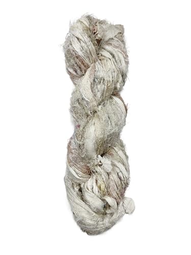 Maker's Craft Recycled Fuzzy Fringes Sari Silk Ribbon Yarn 35yards, 100Grams For DIY Knitting Crocheting Gift Wrapping, Christmas Decoration, Macrame Makers, Jewelry Making, RugsHooking (NaturalWhite) - color: NaturalWhite