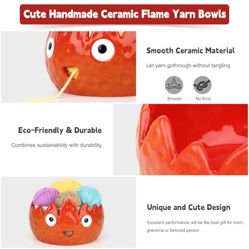 Katech Flame Yarn Bowl for Crocheting-Cute Handmade Ceramic Yarn Bowls | Crochet Bowls Knitting Bowls-Ideal & Unique Crochet Gifts for Crocheters Knitter - color: Red