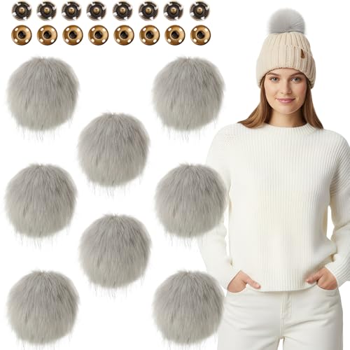 Juinte 8 Pcs 6 Inch Large Fur Pom Pom Balls for Hats Fluffy Faux Fur Pompom Balls with Snap Button for Hat Shoes Scarves Bag Charms DIY Crafts (Gray) - color: Gray