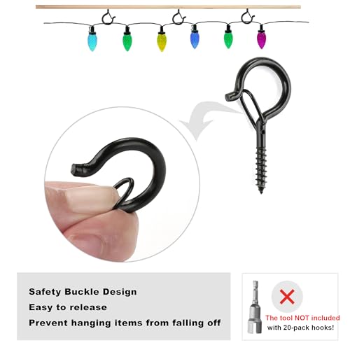 PlusRoc 20 Pack Screw Hooks for Hanging Plants Outdoor Lights(Black) | Christmas Seasonal Lighting, Heavy Duty 2.2 Inch Eye Hook Cup Ceiling Hook Q-Hanger for Patio, Wall Wood Ceiling Deck Mount - color: Black