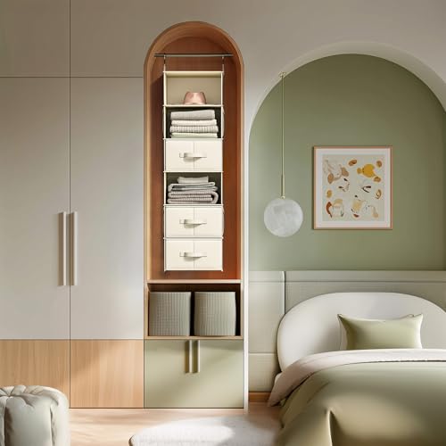 Vailando 6-Shelf Hanging Closet Organizer with 3 Fabric Drawers, Beige | Removable Fabric Drawers, Side Pockets, Reinforced Structure, Space-Saving Storage for Clothes, Nursery and Dorm Rooms - color: Beige, size: 6-Shelf Inseparable