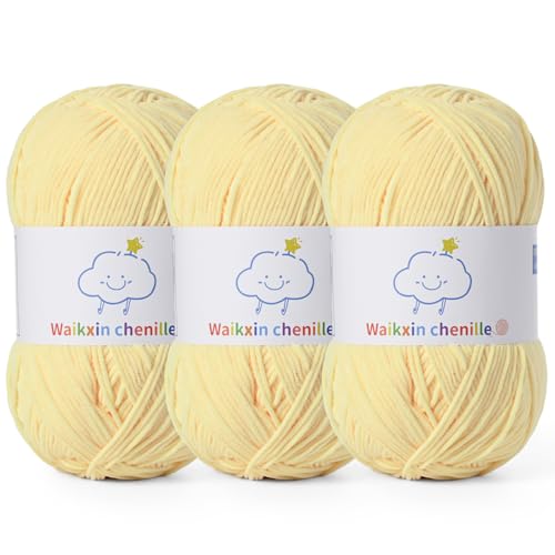 Fluffy Chenille Yarn for Crocheting，Baby Yarn for Crocheting Soft, 3 Pack of 100g/3.5oz Velvet Amigurumi Yarn, Fingering Weight Yarns for Crocheting Baby Blankets、DIY Craft.(3 Light Yellow) - color: 3 Light Yellow