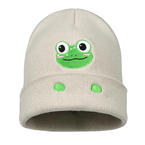Personality Animal Head Embroidery Knit Beanie Hat for Adult and Big Kids Winter Warm Skull Cuffed Hats - color: Frog-beige
