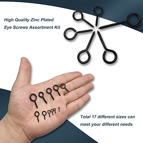 1000Pcs Screw Eyes Assortment Kit Black Screw Eye Hooks Eye Bolts Metal Eye Pins Zinc Plated Eyelet Screw Loops for Hanging Sign, Wind Chime, Jewelry Making 17 Sizes Mini to Large - color: Black, size: 1000PCS