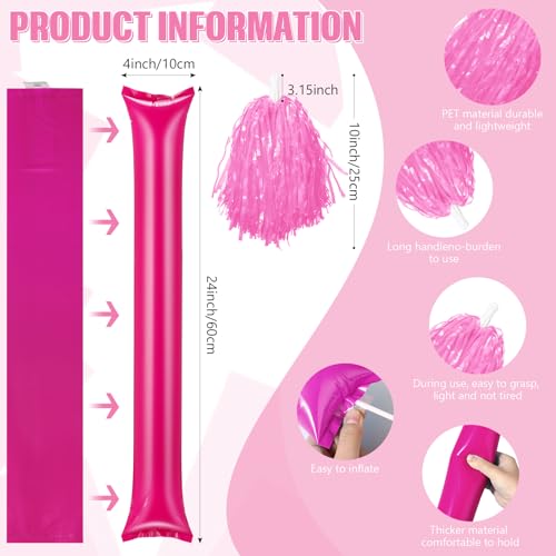 48 Pcs Cheerleading Pom Poms Thunder Sticks Plastic Whistles with Lanyards Squawker Horns Hand Clappers - color: pink