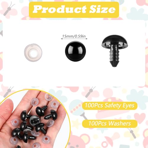 Bewudy 100pcs 15mm Plastic Safety Eyes with Washers, for Crocheting (Black) | Safety Eyes, for Teddy Bear, and Crochet, Stuffed Animals