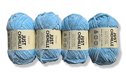 (4-Pack) JUST Skeins Sparkling Chenille Yarn Soft Yarn for Crochet Knit - Total Length 4×60m (4×65yds, 50g×4) (Lite Blue)