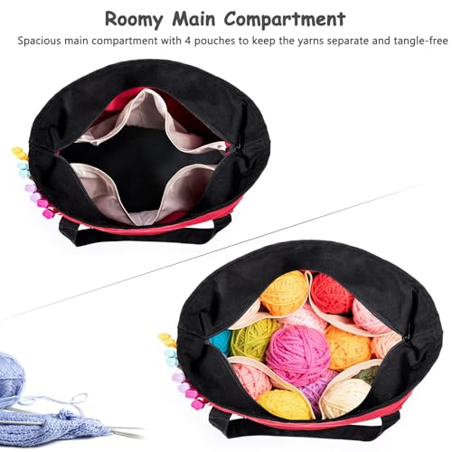 Canvas Yarn Storage Organizer Bag Washable Crochet Bag with Pockets for Yarn, Hooks, Needles – Travel Knitting Tote for Crafters – Gift for Crocheters & Knitters (Medium/Large) - color: Red, size: Large-15”