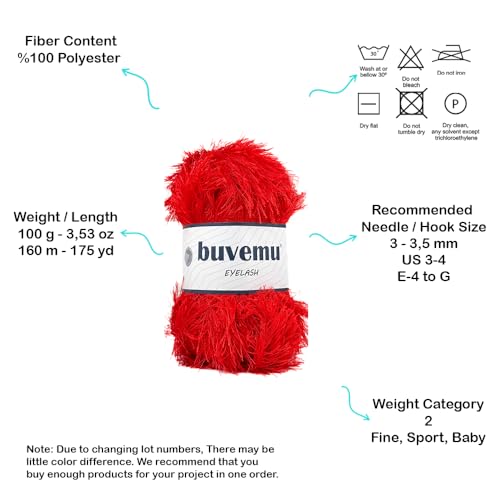 Eyelash Fun Fur Yarn for Crochet, Knitting, Bright Red, 2-Pack | 100% Polyester, 100 g (3.53 oz), 175 yd (160 m), Ideal for Amigurumi, Graduation Leis, Bags, Rugs, Scarves & Plush Toys - color: Bright Red, size: 2 Pack