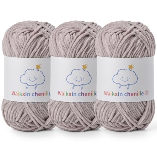 Skinny Chenille Yarn for Crocheting, 3 Pack of 1.75 oz/109 yds Amigurumi Yarn&Baby Yarn for Crocheting Soft, Fluffy Fingering Weight Velvet Yarn for DIY Crafts&Baby Blankets.(3 Light Gray) - color: 3 Light Gray