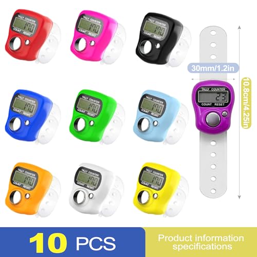 10 Pack Digital Finger Clicker Counter, Hand Tally Clickers for Counting Knitting, Crochet Row, Lap. Pitch & People Counter with Adjustable Ring, LCD Clicker for Classroom Sports
