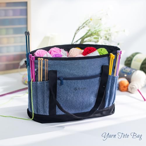 Canvas Yarn Storage Organizer Bag Washable Crochet Bag with Pockets for Yarn, Hooks, Needles – Travel Knitting Tote for Crafters – Gift for Crocheters & Knitters (Medium/Large) - color: Denim, size: Large-15”
