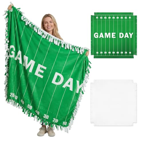 Chumia 2 Pcs/1 Set Game Day Football Field Tie Blanket Craft Kit 57 x 57 '' | Football Field DIY No Sew Fleece Blanket Green and White No Sew Fabric Tie Knot Throw Craft Gift for Sports Party Favor - style: Game Day Football Field