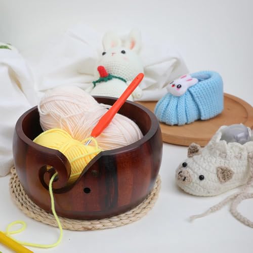 Joyeee Wooden Yarn Bowl, Yarn Holder for Crocheting, Crochet Bowl Accessories Holder with Holes Handmade to Prevent Slipping, Perfect Crochet Holder for Crocheting and Knitting Mothers Day Gift 6'' - color: B