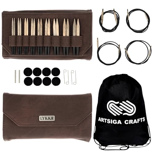 Lykke Driftwood 3.5-inch Interchangeable Circular Knitting Needle Set | Standard US 3, 4, 5, 6, 7, 8, 9, 10, 10.5 Cacao Case, Birch Semi-Sharp Tips, Smooth Metal Joins, Swivel Cables, Project Bag - color: Driftwood-with-Cacao-Case