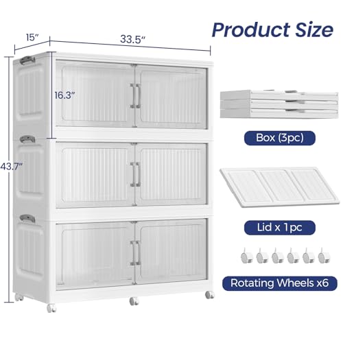 150Gal Extra Large Stackable Storage Bins with Lid, 600QT Foldable Collapsible Storage Box with Doors & Wheels, Plastic Organizer for Bedroom Kitchen Garage Dorm, 3Pack - size: 50Gal-3Pack