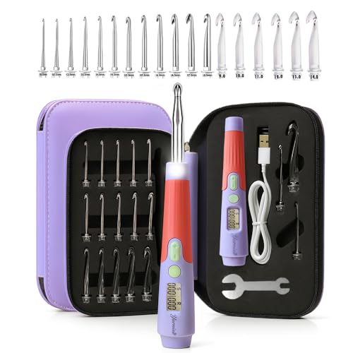 Yarniss 18 Size Digital Counting & Lighted Crochet Hooks Set 2.0mm-14.0mm | Interchangeable Crochet Hooks Set with Case - color: Lilac-18 Size with Light & Counter