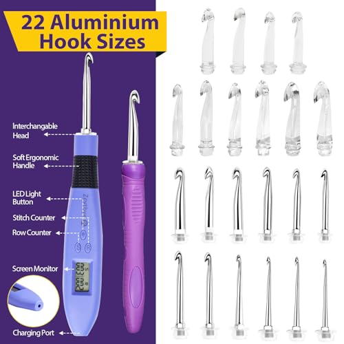 22 Size Crochet Hook Set with Light & Digital Counter, Ergonomic for Arthritic Hands, 2.0–14.0 mm Interchangeable Hooks, Rechargeable and Beginner-Friendly - size: 22 Crochet Hook