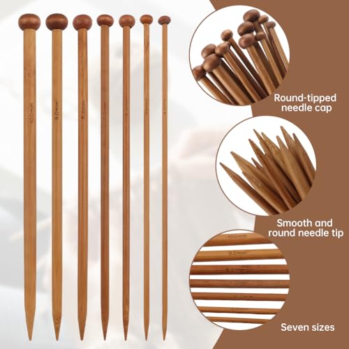 7 Pairs Bamboo Knitting Needles Set, Long Wooden Knitting Needle, Single Point Straight Wood Needles, Wooden Knittings Needle for Making Sweater, Shawl, Scarf