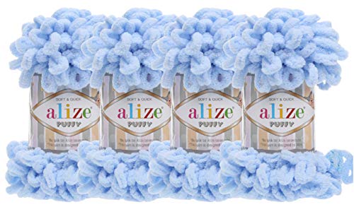 4 skn/Ball Alize Puffy Baby Big Loop Blanket Yarn 100% Micropolyester Soft Yarn 400gr 39.3 yds (183-Light Blue) - color: 183-Light Blue
