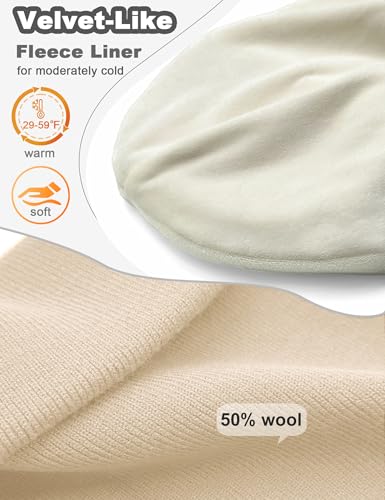 Fleece Lined Wool Beanie Hat Men Women, Warm Cuffed Winter Cap | 50% Wool Thermal Knit, Soft Velvet Fleece Liner, Long Style Full Ear Cover Warm Watch Cap, Tall Roomy Crown Skull Cap - color: Beige