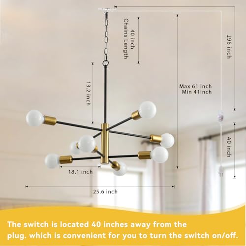 8-Light Plug in Chandelier, Sputnik Chandelier with Cord Modern Industrial E26 Black and Gold Pendant Light Hanging Lights Ceiling Lighting Fixture for Living Room, Bedroom, Dining Room, Kitchen - color: Sputnik