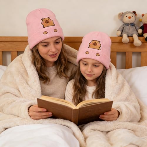 Personality Animal Head Embroidery Knit Beanie Hat for Adult and Big Kids Winter Warm Skull Cuffed Hats - color: Capybara 2-pink