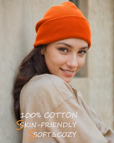 100% Cotton Beanie Lengthen Cuffed Beanies Knit Winter Hats Unisex | Double-Layer Warmth,Ultra-Soft 100% Cotton Knit,Long Non-itchy,Snug No-Slip Stretch Fit,Warm Winter Skull Cap - color: 1-orange