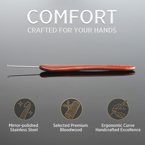 SEVENSUN Mimosa 1.4mm Single Crochet Hook, Available in 0.6mm-6.5mm, Ergonomic Hand Polished Stainless Steel Inline Pointy Wood Handle Crochet Hook for Arthritic Hands - size: 1.4mm(Steel 8)