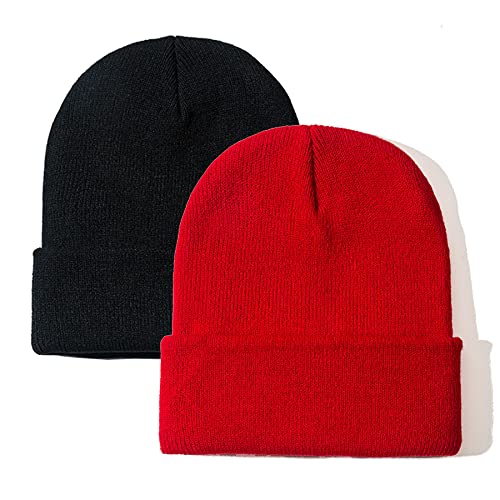 NPJY Unisex Beanie for Men and Women Knit Hat Winter Beanies | Warm-Keep & All-Size, Comfortable & Durable, Soft for Winter Weather - color: Black+red