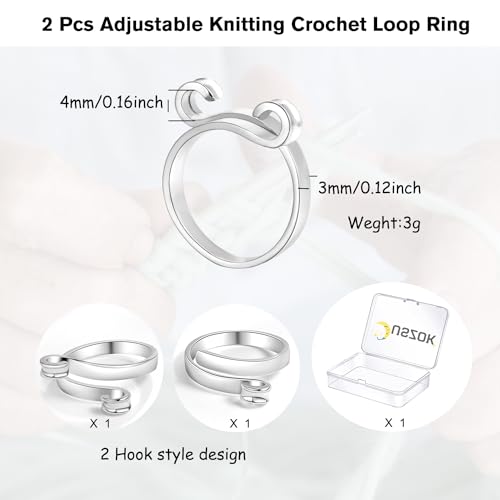 Juszok Adjustable Crochet Ring for Finger,Braided Knitting Ring with Plastic Box Yarn Tension Rings for Crocheting Knitting Accessories 2 Styles Silver