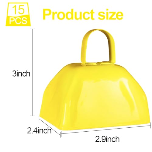 15 Pack 3 Inch Metal Cowbell Noisemaker Cheering Bell Yellow Cowbells for Sporting Events Bulk Loud Cow Bell with Handles, Small Hand Percussion Cowbells for Cheering, Football Games, Weddings - color: Yellow