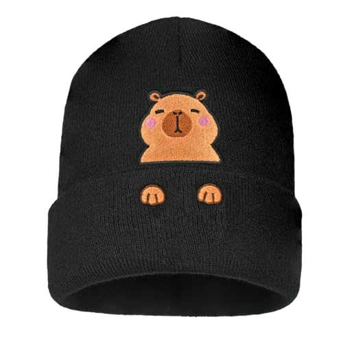 Personality Animal Head Embroidery Knit Beanie Hat for Adult and Big Kids Winter Warm Skull Cuffed Hats - color: Capybara 2-black