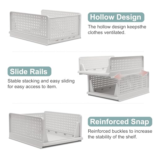 Goderewild Stackable Foldable Storage Baskets, Folding Storage Bins, Closet Organizers and Plastic Drawer Shelf Storage Container for Wardrobe, Cupboard, Kitchen, Bathroom, Office (White, 4S) - size: 4S