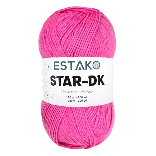 Estako Star-DK Soft Yarn for Crocheting, DK Weight 3 Wool, Pink | 75% acrylic 25% wool, 100 g, 306 yds, amigurumi, granny squares, machine washable - color: 33308 - Pink, size: Pack of One